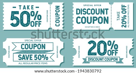 Set of discount coupon templates, stamp effect, sample text, take 50% off, 20% off, save 50%, special offer, all regular price items, coupon code
