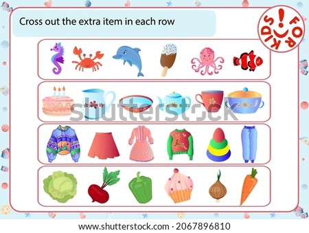 Play activities for children. Dishes. Marine life. Clothing. Vegetables. Vector illustration in cartoon style.