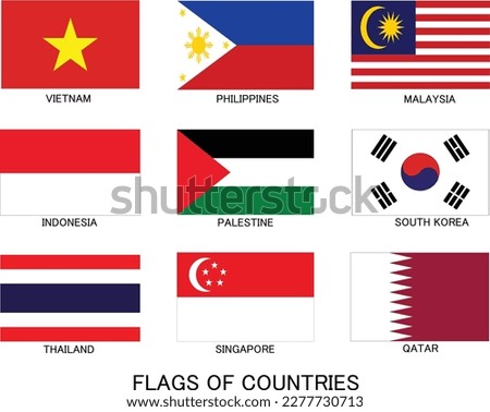 Flags of countries, asian, Vietnam, Philippines, Malaysia, Indonesia, Palestine, South Korea, Thailand, Singapore, Qatar. Flat design, vector ilustration, vector.