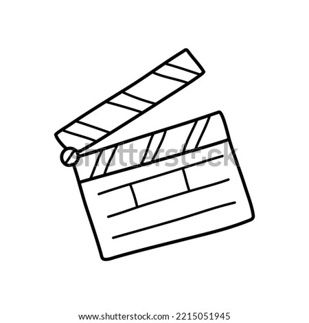 Movie clapperboard doodle icon. Film clapper for cinema production. Board clap for video clip scene start. Lights, camera, action. Hand drawn sketch in vector.