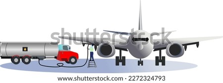Refueling of the aircraft at the airport vector illustration, refuel an airplane at the airport, The process of refueling passenger aircraft at the airport, airport activity