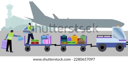 Suitcase Transport Truck with luggage loaded on runway at airport, suitcase truck at the airport, Truck loaded with baggage from airplane at airport.