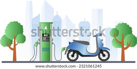 Charging Station for Electric Scooter Vector Illustration. Eco Green Energy for Transportation, Electric Motorbike Charge Battery, Electric Bike, Eco City Transport Concept