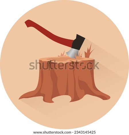 A tree stump with an axe stuck vector illustration flat icon, Ax sticking in stump symbol design. Woodwork, tree damage symbol, environmental destruction icon concept