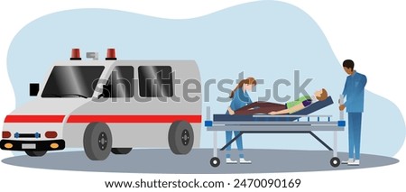 the worker has a work accident and gets into an ambulance vector illustration, industrial accident, Paramedics in uniform loading a patient on a stretcher into an ambulance