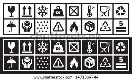Fragile Packing and Shipping Symbol Collection. Cardboard Box Logistics  Cargo Transportation warning Icon set. 