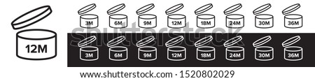 Pao cosmetic open month life shelf. Period of validity after opening. Useful lifetime or Expiration icons for product packaging. 