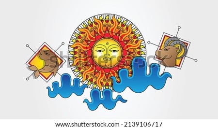 Sri Lankan Traditional Sun Face line art drawing. Sinhalese and Tamil New Year element. 