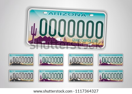 Set Arizona auto license plate. Detailed object. Flat vector illustration.