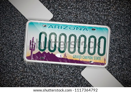 Arizona auto license plate, on the asphalt. Detailed object. Flat vector illustration.