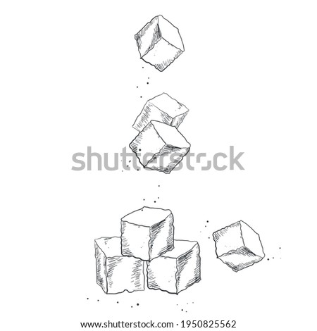 Hand drawn falling sugar cubes. Isolated on white background Blocks of Ice Salt or Sugar falling down. Elements for web designs Vector illustration. Textile Prints Interior or menu design or any else.