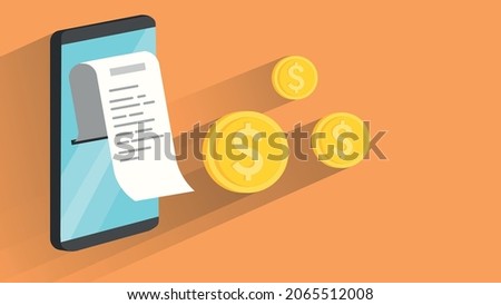 Digital Bill Concept Vector Design Elements or Banner Template. Smartphone with check tape and coins illustration. Paper receipt check, Dollar coins. Digital bill for mobile internet banking concept.