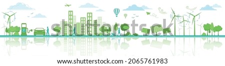 Ecology and Eco Green Energy Concept Vector Illustration Sustainable Eco Friendly and Alternative Clean Energy and Healthy Lifestyle Concept Vector City Landscape Banner Isolated Design Elements. 