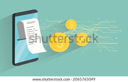 Digital Bill Concept Vector Design Elements or Banner Template. Smartphone with check tape and coins illustration Paper receipt check, Dollar coins Mobile internet banking concept Circuit Abstract