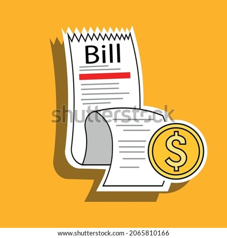 Cartoon Style Bill Vector Illustration with Isolated US Dollar Cent Coin. Payment and Banking Concept Vector Design Elements Illustrations. check tape and Dollar Coin Illustration Paper receipt check.