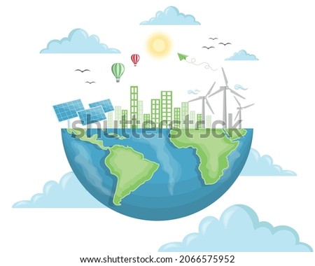 Eco Friendly and Green Energy Concept Vector Flat Design Illustration. Globe Earth Planet and Green Energy Concept Vector Design Elements. Modern Design World Planet and Natural Landscape.