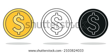 Vector Dollar Cents Icons with Different Style Isolated on white background. Money Icons Set. Outline, Silhouette and golden Dollar. USA International Currency. 