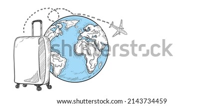 Vector Hand Drawn Flying Plane Traveling Around Planet Earth and Traveling Bag Baggage Globe Earth and clouds sky Add Your Own Text or Design in The Empty Place. Traveling,Tourism and Business Concept