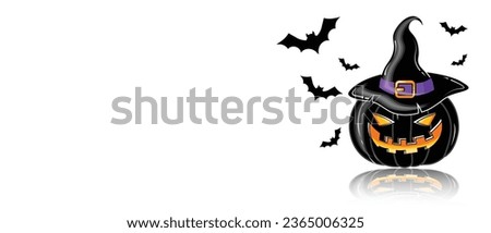 Vector 3D Cartoon Style Scary Smiling Halloween Pumpkin on White Background Pumpkin bats illustration with creepy face expression Happy Halloween Trick or Treat Poster Halloween Banner Template Design