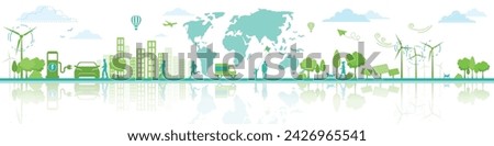 Ecology and Eco Green Energy Concept Vector Illustration Sustainable Eco Friendly and Alternative Clean Energy and Healthy Lifestyle Concept Vector City Landscape Banner Isolated Design Elements. 