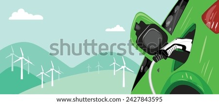 Vector Flat illustration of Electric Car Charging at the Charging Station. Green energy and Sustainable Energy Concept background Electromobility e-motion concept. Wind Turbines Filed in Green Hills