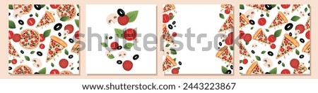 Hot whole pizza, slice and ingredients design elements set collection Italian food Pizza with tomato, basil leaves, black olives, mushrooms and mozzarella cheese Hot pizza pattern and design elements.