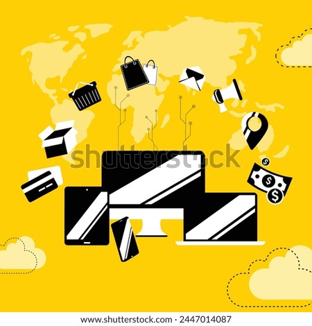 Black and White Computing Concept Design on Yellow Background. Data cloud and computing icon illustrations. Digital devices and e commerce concept icons. Global technology computing background.