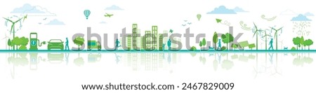 Ecology and Eco Green Energy Concept Vector Illustration Sustainable Eco Friendly and Alternative Clean Energy and Healthy Lifestyle Concept Vector City Landscape Banner Isolated Design Elements. 