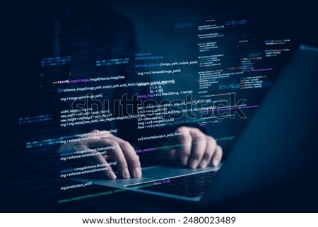 Similar – Image, Stock Photo Cyber security. Program code on screen. Using computer and programming to break code. Cyber security threat. Internet and network security. Stealing private information
