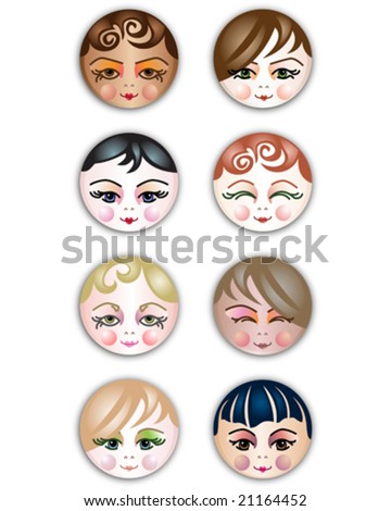 VECTOR Girls of different cultures. Cute smiling feminine face icons / buttons.