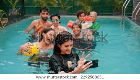 Similar – Image, Stock Photo Blue hour, happy laughter: Woman with short hair looks into the camera with amusement