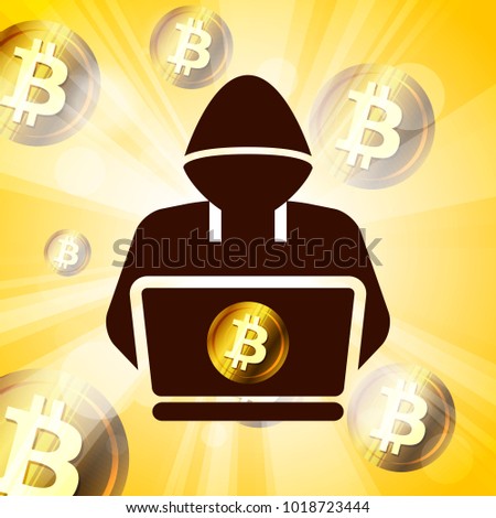 hacker symbol on bitcoin cryptocurrency in bright yellow rays of sun effect background. concept depicting the danger of using Internet  crypto stock market or coinbase without protection