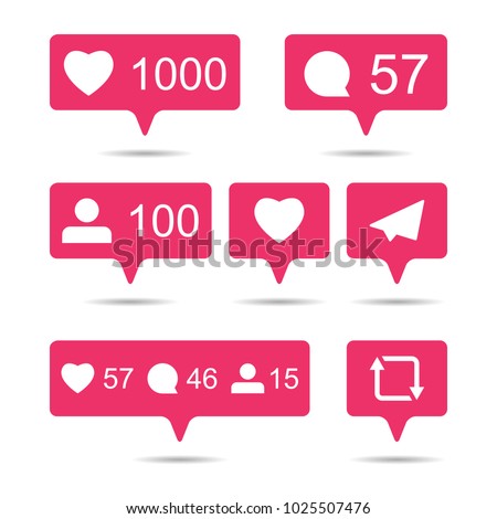 Share, like, comment, repost social media ui icons on white background. Pink bubble  icon set for websites, blog, mobile interfaces