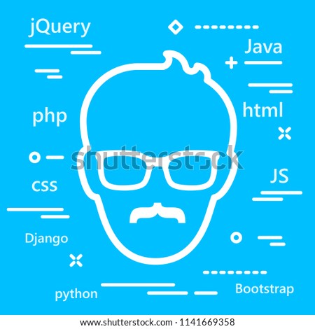 Senior Coder head icon with programming languages for web development in trendy flat style isolated on blue background