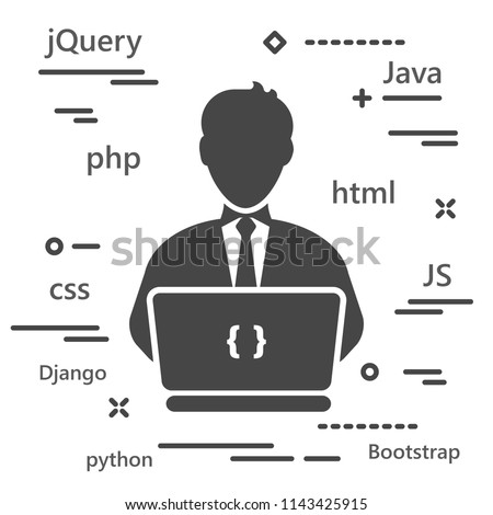 Black flat design graphic concept of Coder icon with programming languages with laptop icon on white background