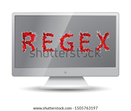 Regex of red polygons inscription from programming area on monitor screen of grey monoblock. Digital regular expressions are patterns used to match character combinations in strings concept