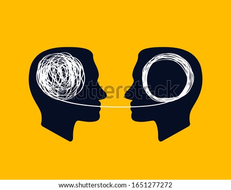 concept icon showing silhouette of human heads with tangled line inside, like brain and untangled line. unraveling of tangled line. metaphor for  mentor or coach in problems business.