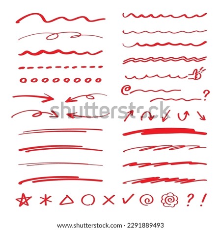 Set of icons with red pen handwriting lines and arrows