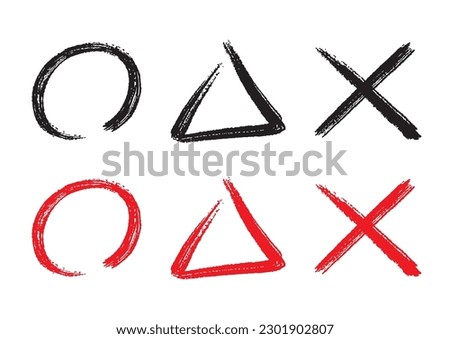 Brush writing circles, triangles and cross marks (black and red)