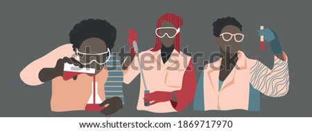 vector set of afroamerican persons, scientist in laboratory with bottle and microscope