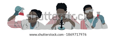 vector set of afroamerican persons, scientist in laboratory with bottle and microscope