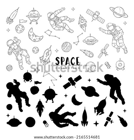 Vector set of space object black outlines and silhouettes isoleted on white, austronauts and space ships, universe collection.