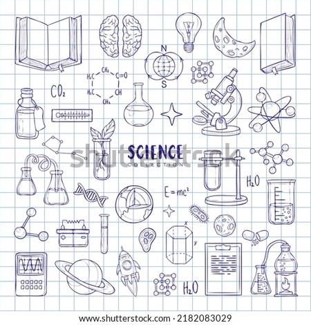 Vector science set. Hand drawing elements by blue ballpen on study notepad. Chemistry, astrology, biology, physic, medicine. Research and education elements. Isolated. Back to school set supples. 