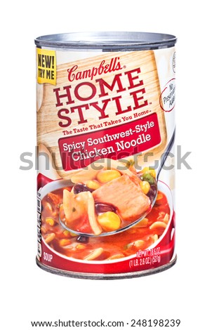 Newton, NJ - January 29, 2015:  Isolated image of a can of Campbell\'s Home Style Spicy Southwest Style Chicken Noodle soup. Easy open cans are convenient and soup makes a great quick meal or snack