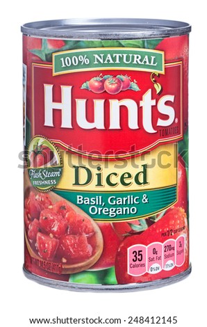 Newton, NJ - January 30, 2015: Can of Hunts basil, garlic and oregano flavored diced tomatoes isolated on white