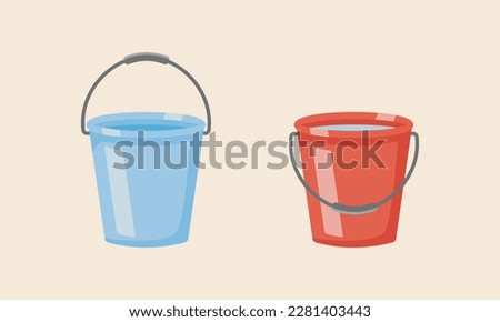 Bucket icon. Vector illustration of a bucket graphic of a blue and red sheet filled with water. Designed in flat cartoon style. Bucket symbol.