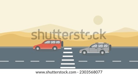 Red and gray car driving on road in desert with view of mountains and sunrise. Can be used for car rental and auto leasing banners. Transportation concept banner.