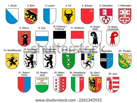 Coat of arms of all Swiss Cantons with names and official numbers all on one set. Illustration made February 12th, 2023, Zurich, Switzerland.