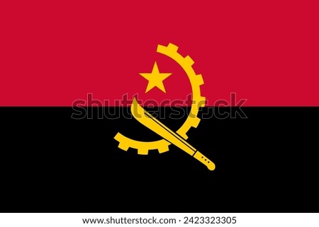 Close-up of vector graphic of red, black and yellow national flag of African country of Angola with yellow star and machete . Illustration made February 9th, 2024, Zurich, Switzerland.