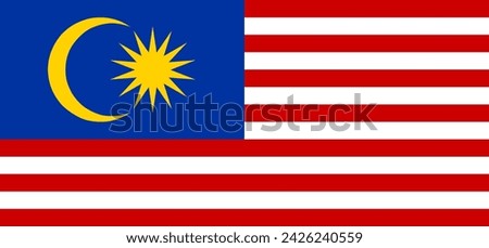 Close-up of Illustration of red, white, yellow and blue national flag of Asian country of Malaysia with yellow star and crescent moon. Illustration made February 16th, 2024, Zurich, Switzerland.